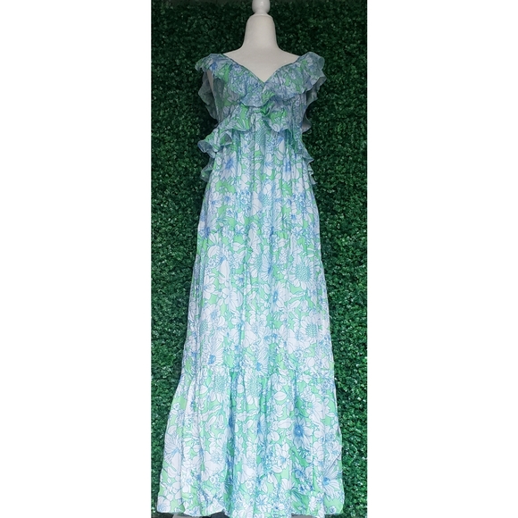 71. J.Crew Collection ruffle-trim cutout maxi dress in lime floral - Picture 6 of 12